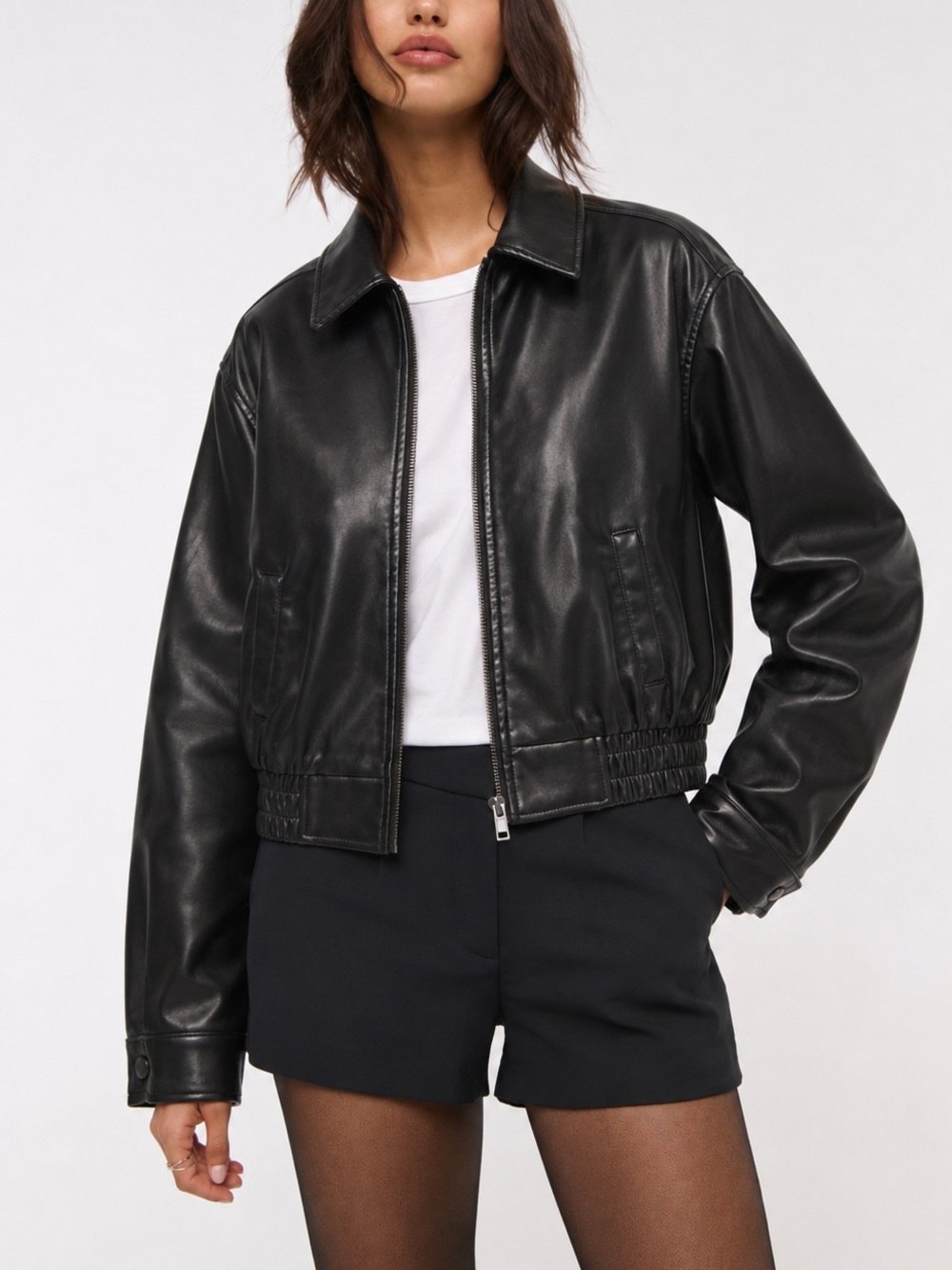 editHer Womens Leather Crop Bomber Jacket - True Black, Small